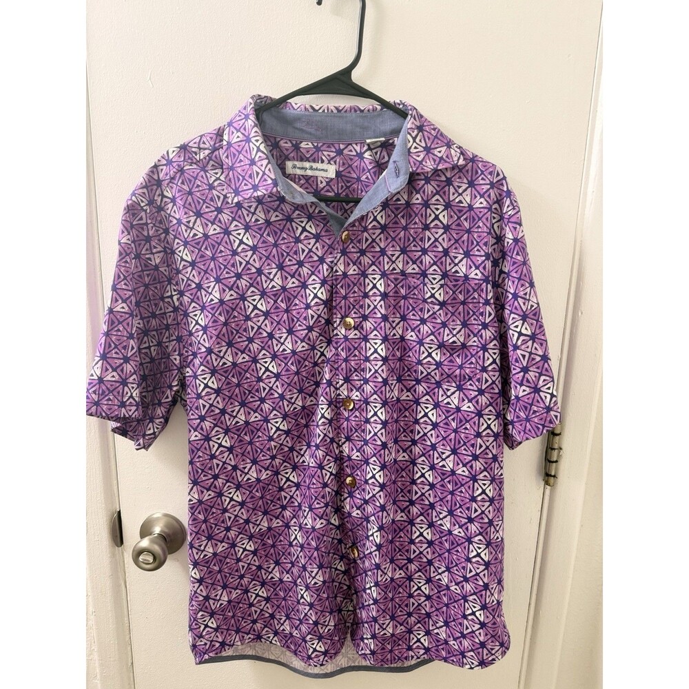 TOMMY BAHAMA Tropical Tiles Purple Geometric Short Slv Shirt Size M